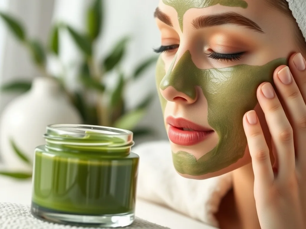 Kobieta nakłada na twarz kojącą maskę z zieloną herbatą, obok której stoi słoiczek z produktem w minimalistycznym wnętrzu spa.