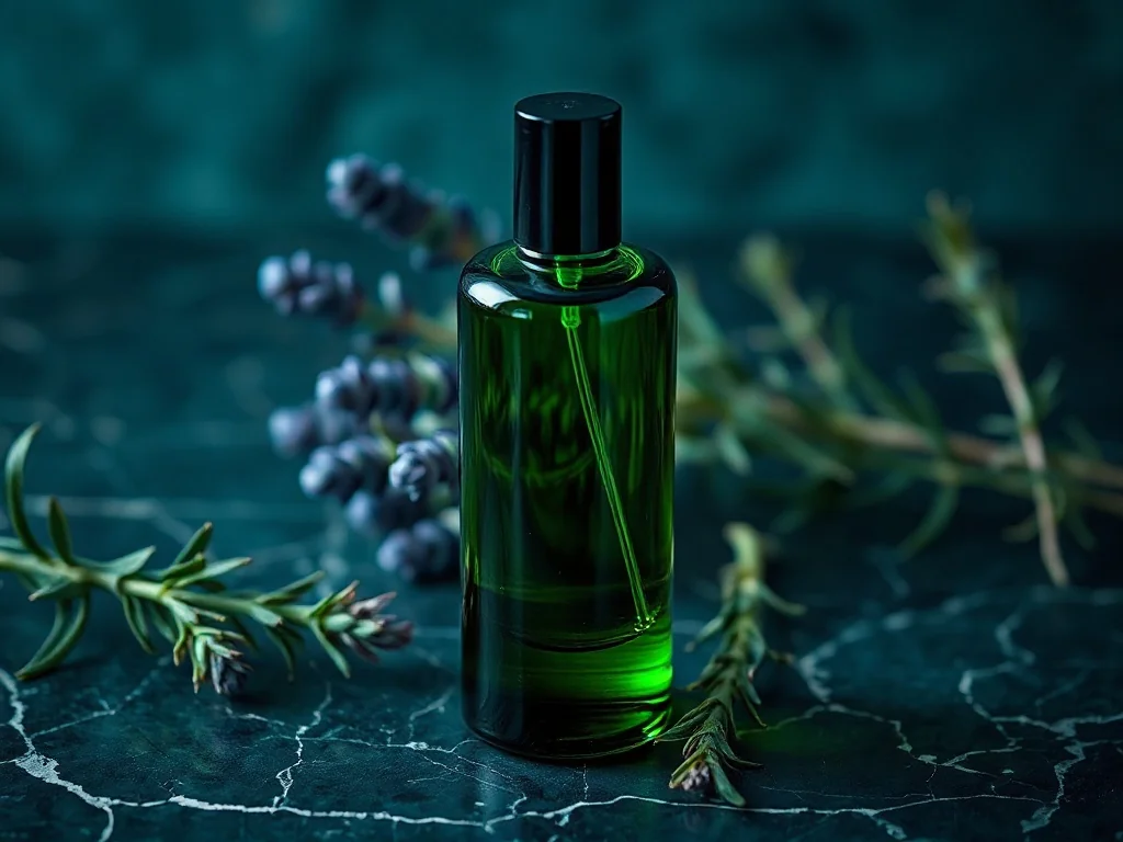Klasyczny flakon perfum Paco Rabanne pour homme na marmurowym blacie w otoczeniu gałązek lawendy i rozmarynu.