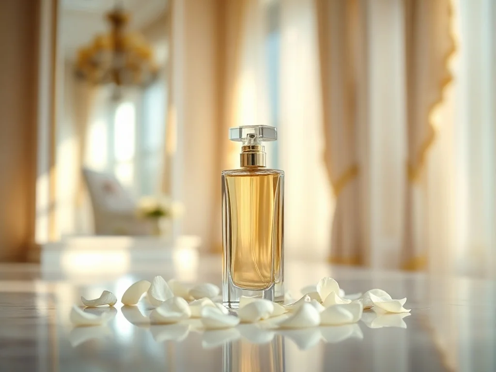 Elegancki flakon perfum La Rive Her Choice na marmurowym blacie w otoczeniu białych płatków kwiatów.