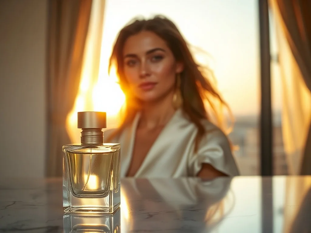 Elegancki flakon perfum na marmurowym blacie w promieniach zachodzącego słońca, podkreślający luksusowy charakter zapachu.