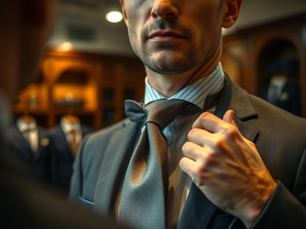Elegancki mężczyzna poprawiający krawat, którego końcówka sięga idealnie do środka klamry paska.