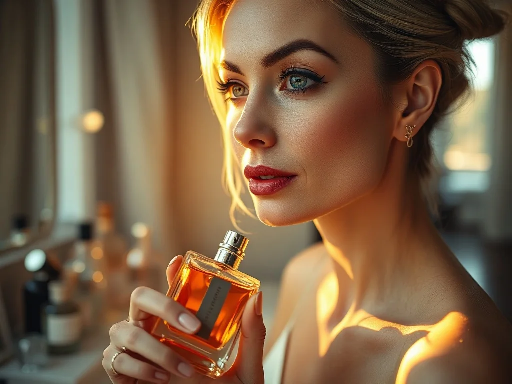 Elegancka kobieta trzymająca luksusowy flakon perfum w promieniach zachodzącego słońca, podkreślająca prestiżowy charakter zapachu.