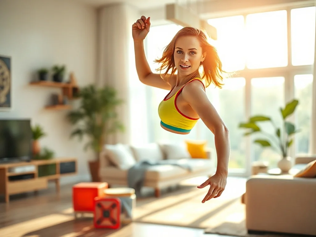 Kobieta w kolorowym stroju sportowym energicznie tańczy zumbę w jasnym, nowoczesnym salonie.